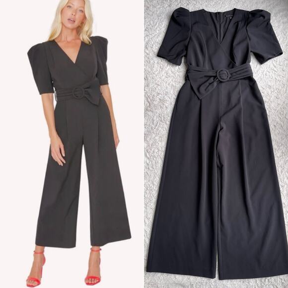 Black Halo maricopa jumpsuit belted puff short sleeve black stretch jersey 10